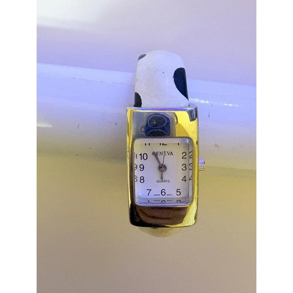 Geneva Women Quartz Watch Cow Print Cuff‎ Band Silver Tone Bracelet Japan Movt